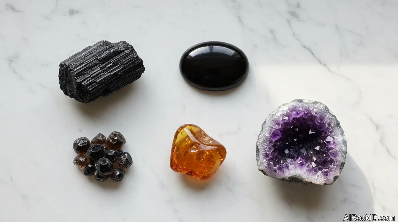 Small pouch of travel crystals beside a passport, boarding pass, and carry-on suitcase on a hotel desk