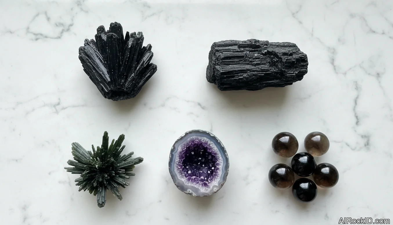 Assortment of protective crystals including black kyanite, black tourmaline, and amethyst on a wooden tray