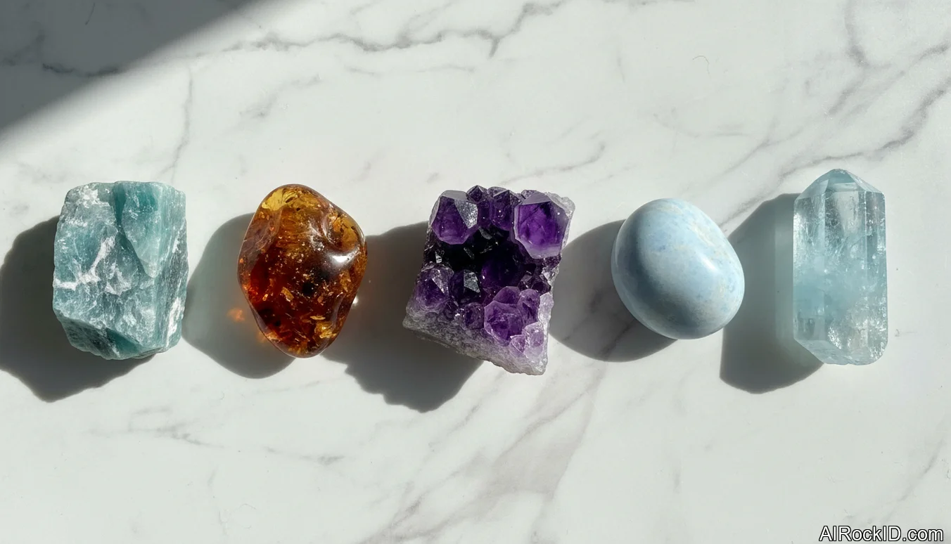 Hand holding a small set of relationship-focused crystals including rose-colored, green-blue, and black polished stones on a wooden table