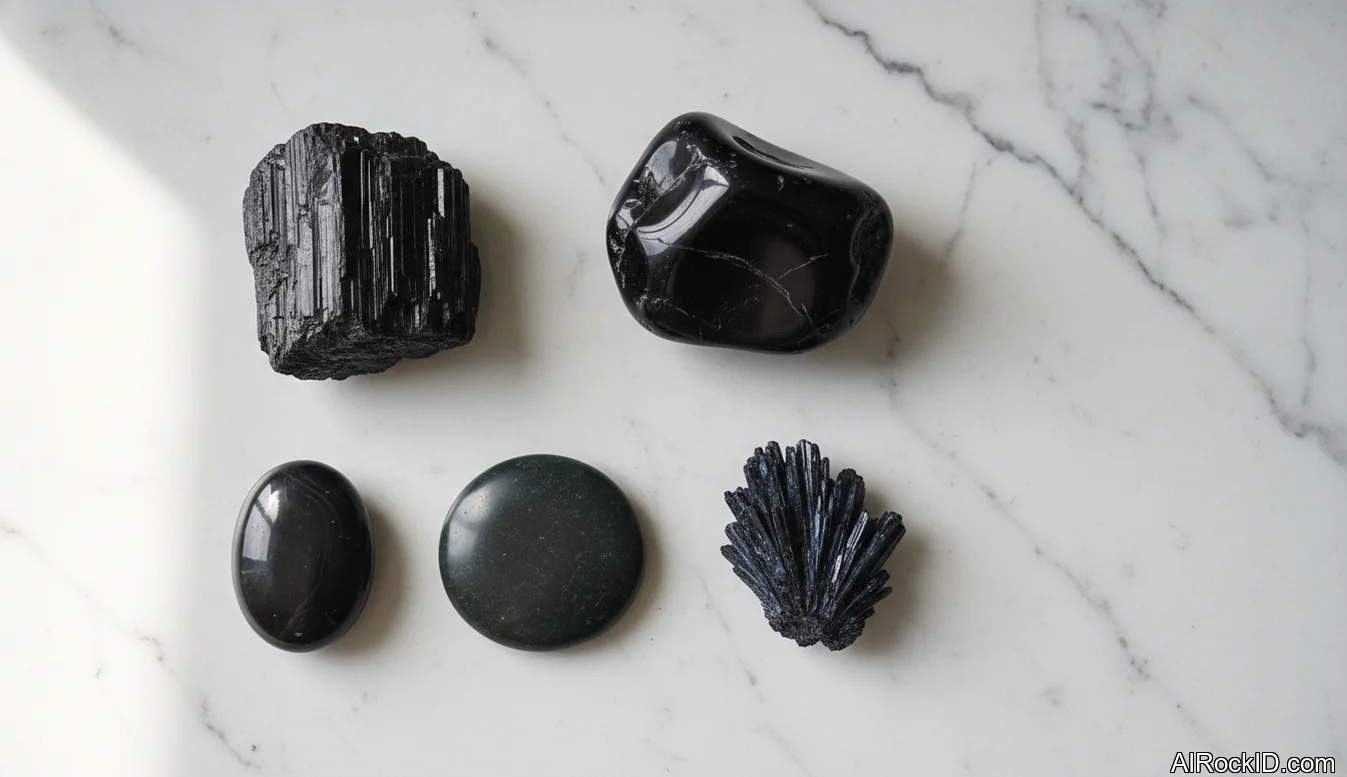 Selection of black and reddish-brown grounding crystals arranged on a wooden surface