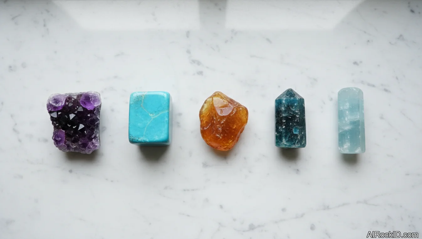 Hand holding a small set of crystals commonly used for Sagittarius, including amethyst, amazonite, and amber in natural light