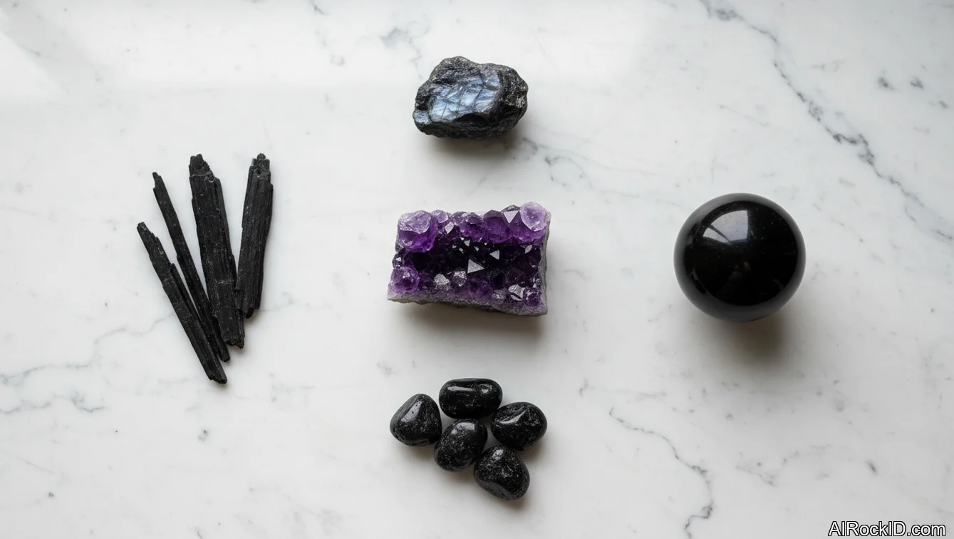 A small set of dark and purple crystals on a desk: amethyst point, black onyx tumble, obsidian-like black stone, and smoky-toned pieces under soft light