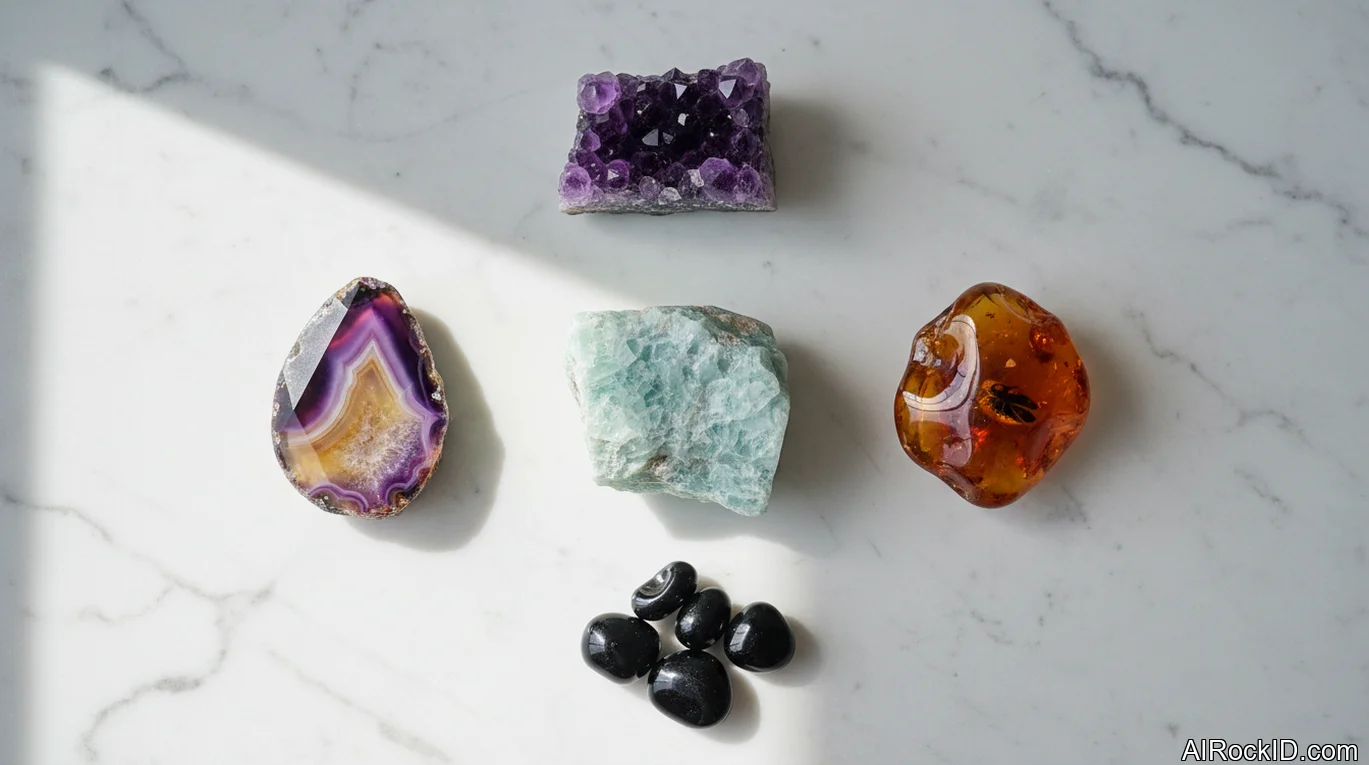 Hand holding a mix of rose-toned and calming crystals on a wooden table with a journal and soft window light