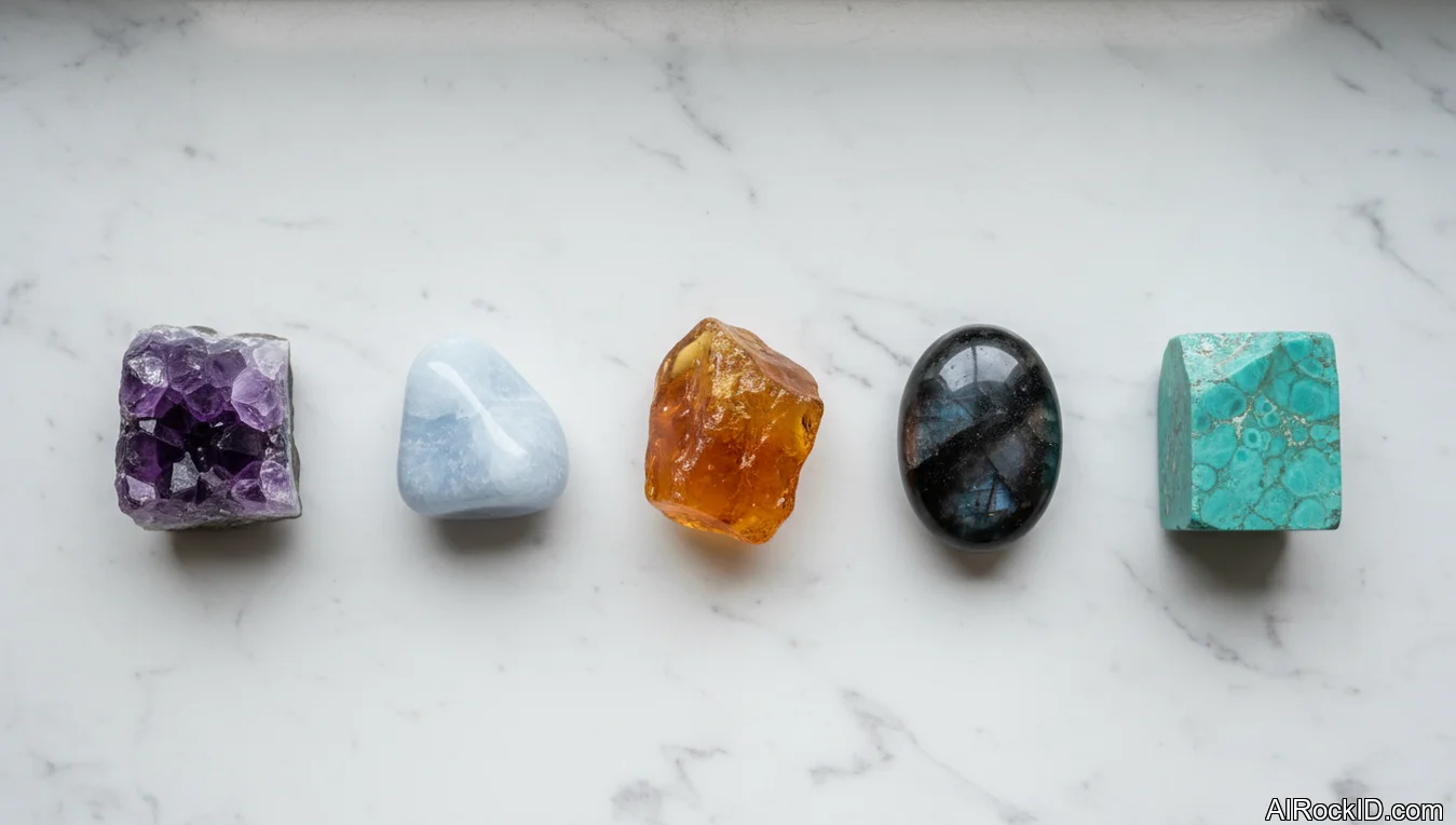 A small group of sleep-friendly crystals on a wooden nightstand beside a lamp and a closed book