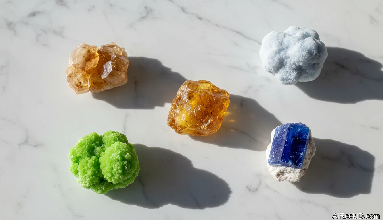 Yellow and golden crystals laid on a wooden tray with a small solar plexus chakra symbol card