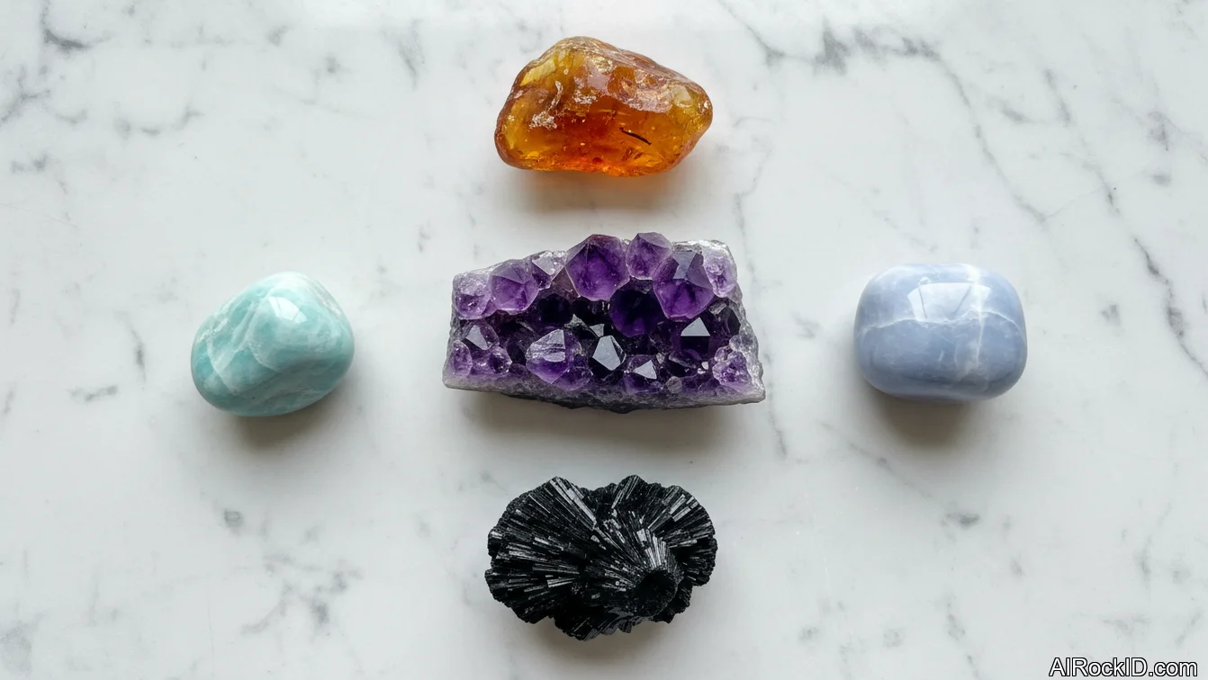 A small group of tumbled amethyst, amazonite, amber, and black onyx stones arranged beside a notebook and tea mug