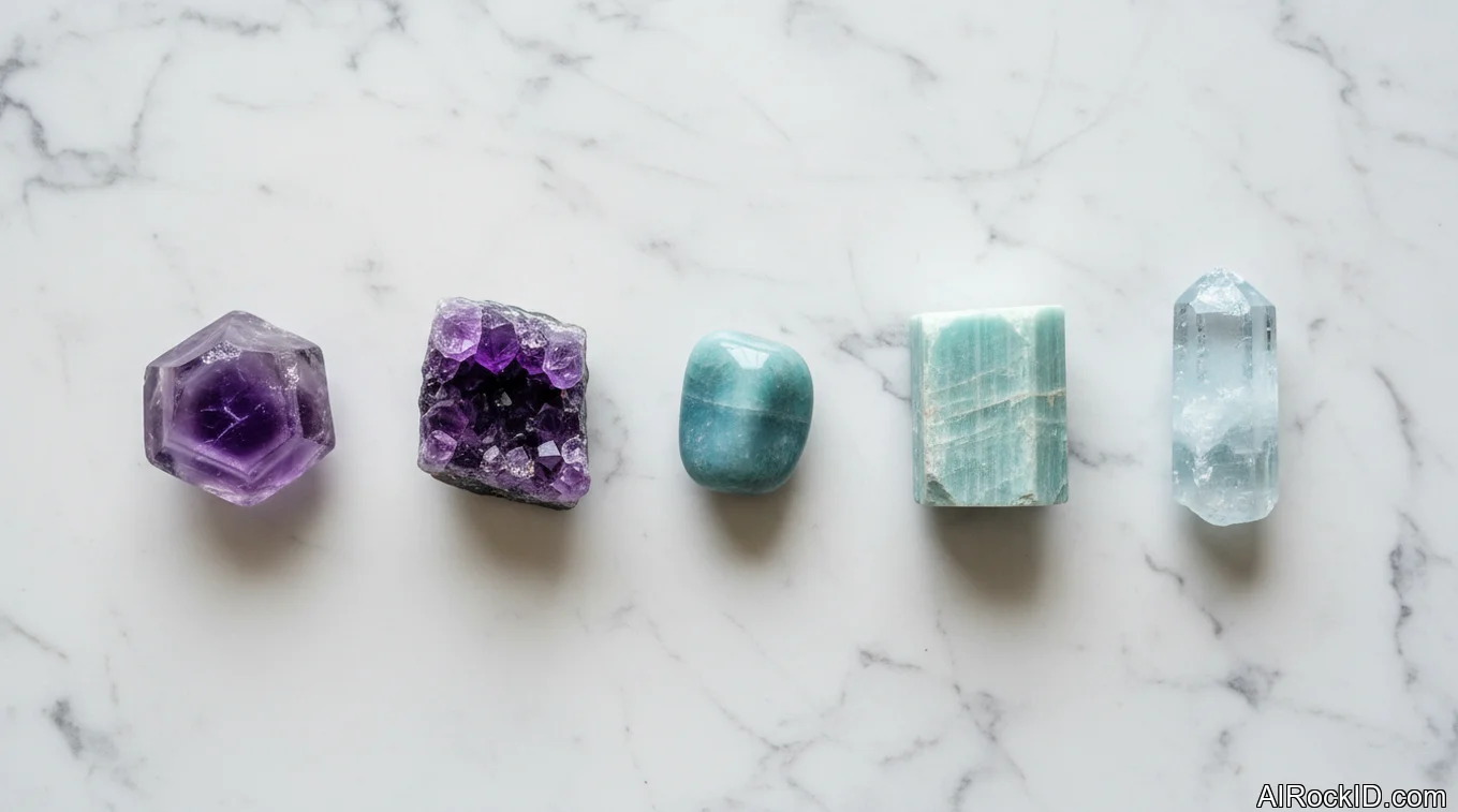 A small study setup with notebooks and a few tumbled crystals beside a desk lamp