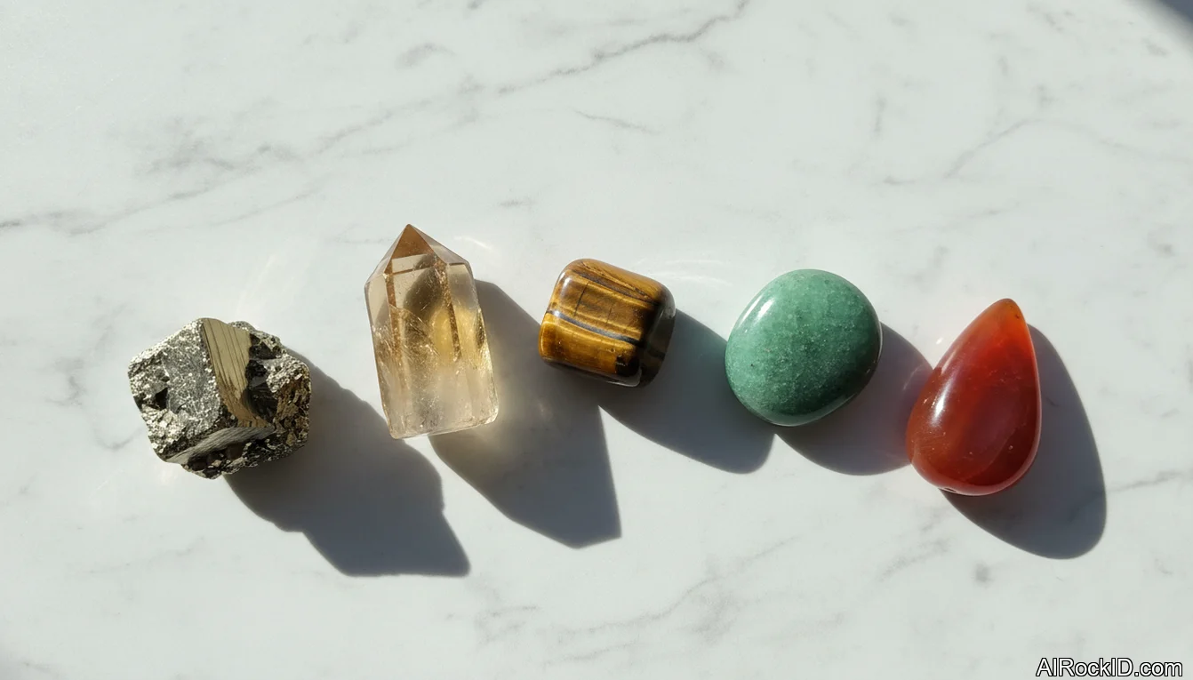 Assorted success-themed crystals including pyrite, citrine, tiger eye, and green aventurine on a wooden desk beside a notebook