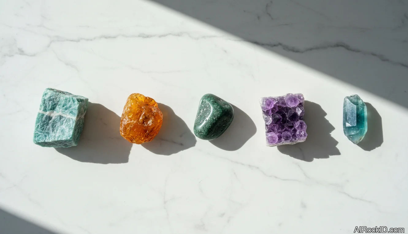 A small lineup of Taurus-friendly crystals on a wooden tray, including rose quartz, green aventurine, amazonite, and smoky quartz