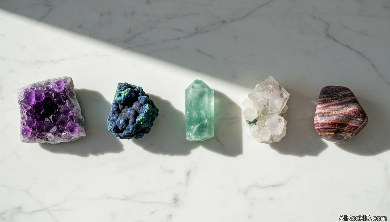 Selection of indigo and violet crystals including amethyst, azurite, labradorite-like flashes, and apatite on a wooden tray