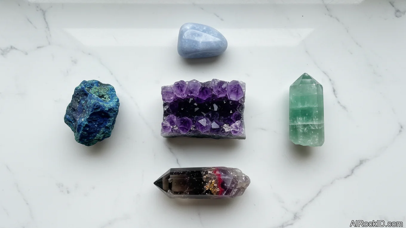Assortment of purple and blue crystals on a wooden table, including amethyst points and deep blue azurite pieces
