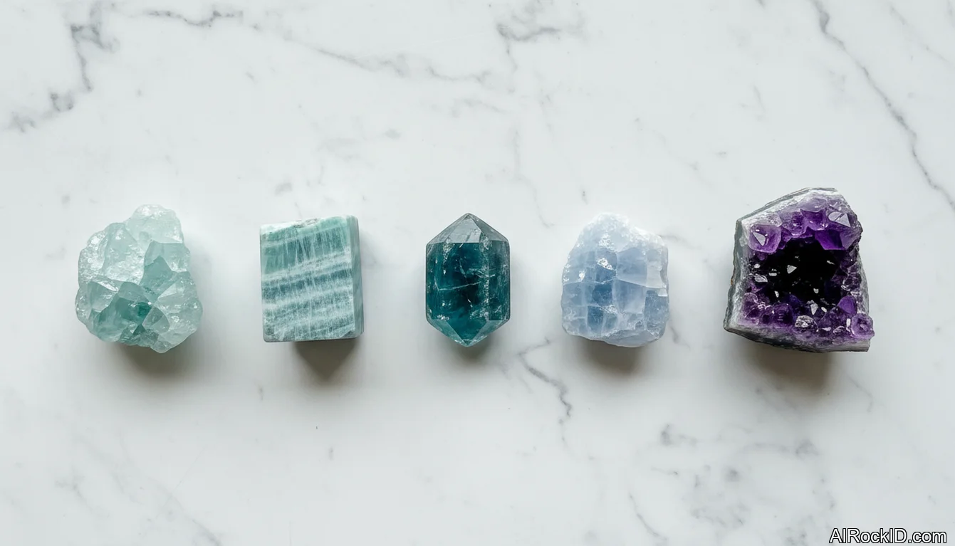 Blue and pale-blue throat chakra crystals (aquamarine, amazonite, apatite, angelite) arranged on a neutral cloth with a journal