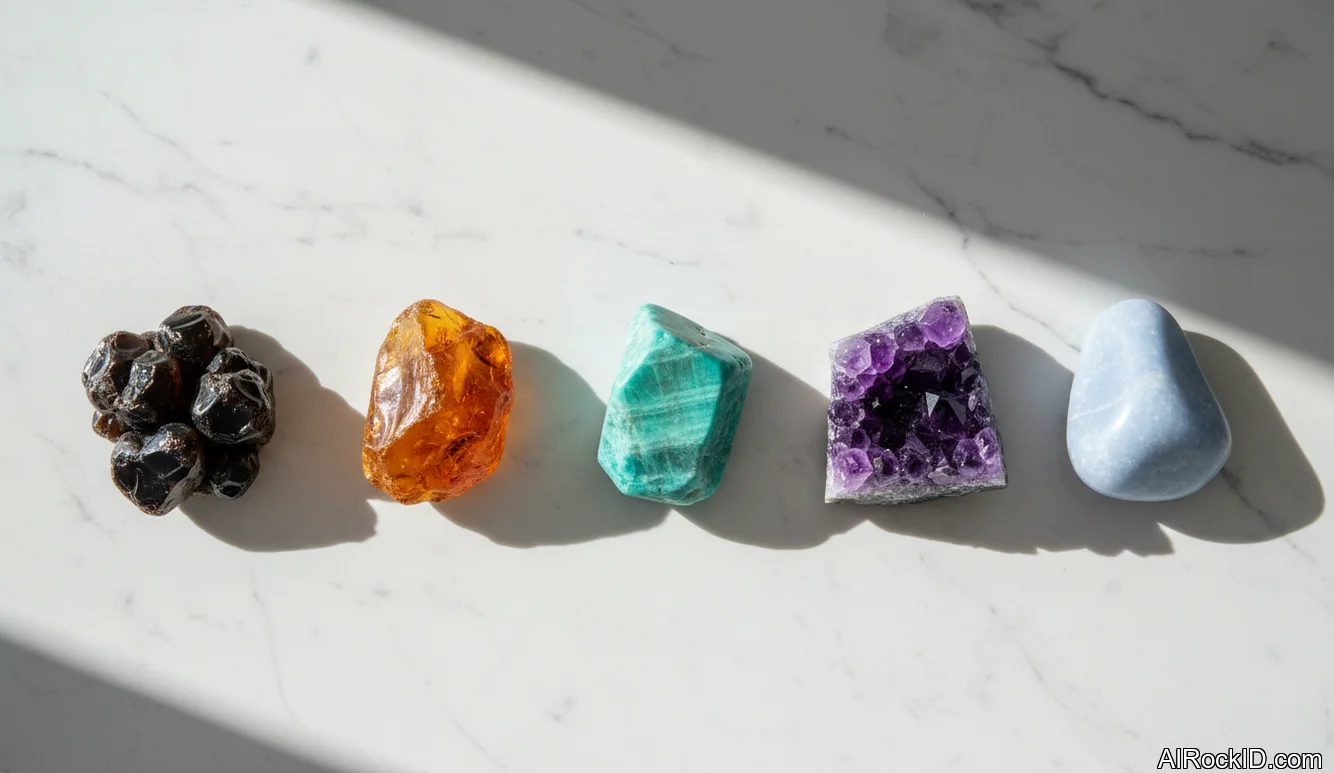 assorted tumbled and raw crystals for trauma support laid out on a wooden table beside a journal and candle