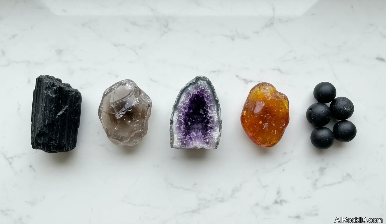 Small travel pouch with black tourmaline, smoky quartz, amethyst, and amber beside a passport and luggage tag