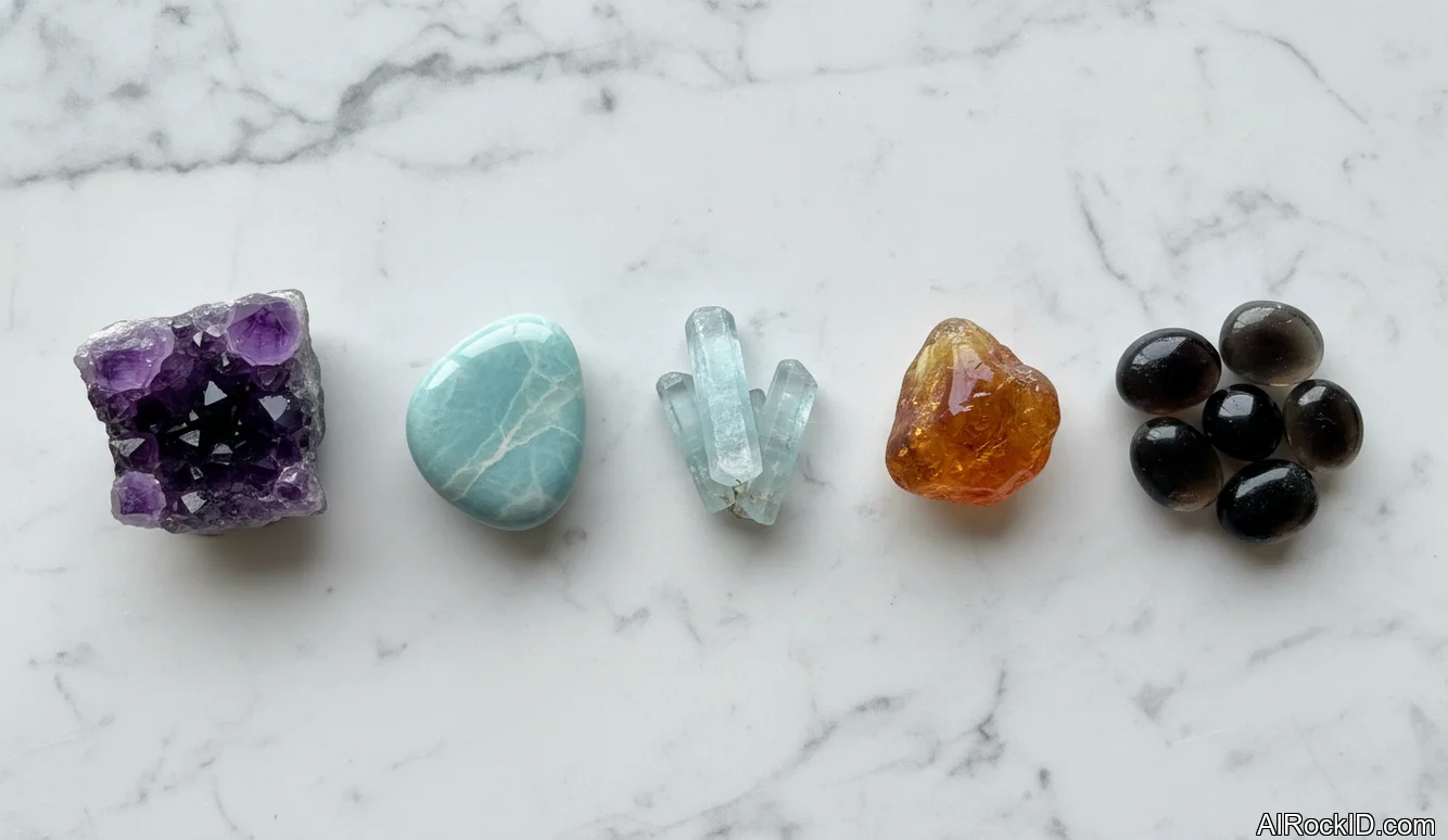 Small pouch of travel crystals on a passport and map beside a carry-on suitcase