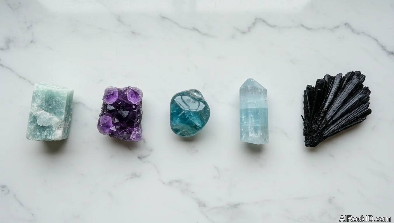 A small lineup of tumbled and raw crystals in soft neutral tones on a desk beside a notebook and pen