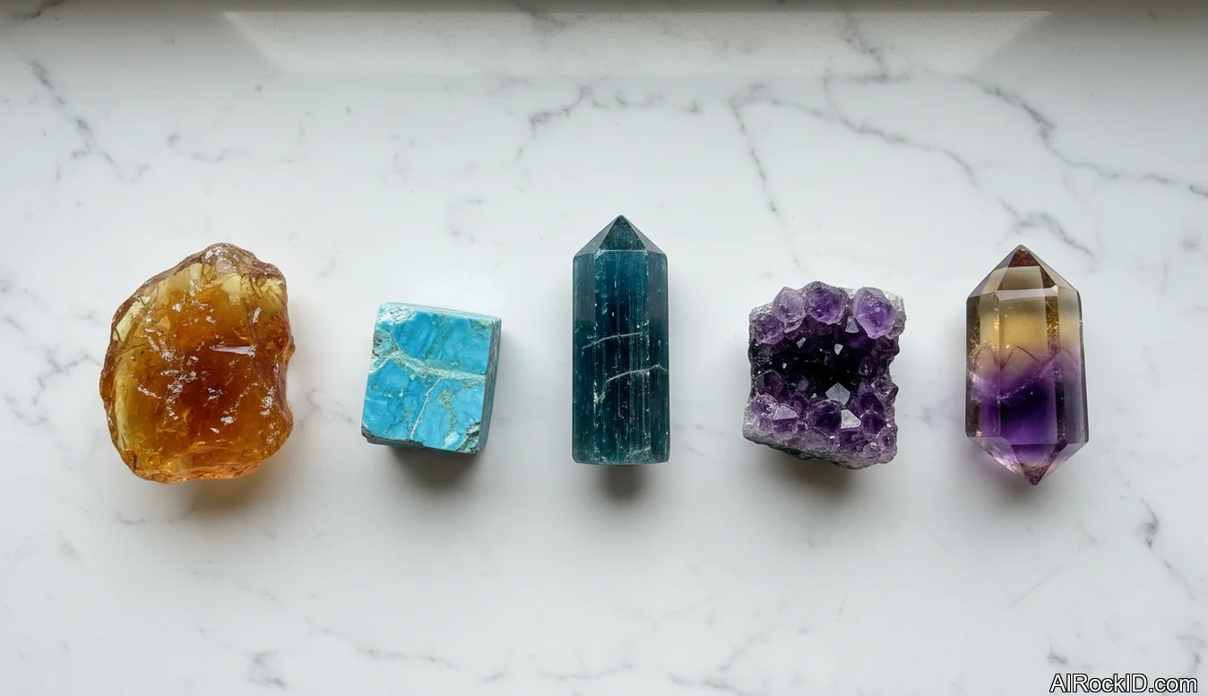 A small lineup of polished and raw crystals arranged beside a wallet, notebook, and coins on a wooden desk