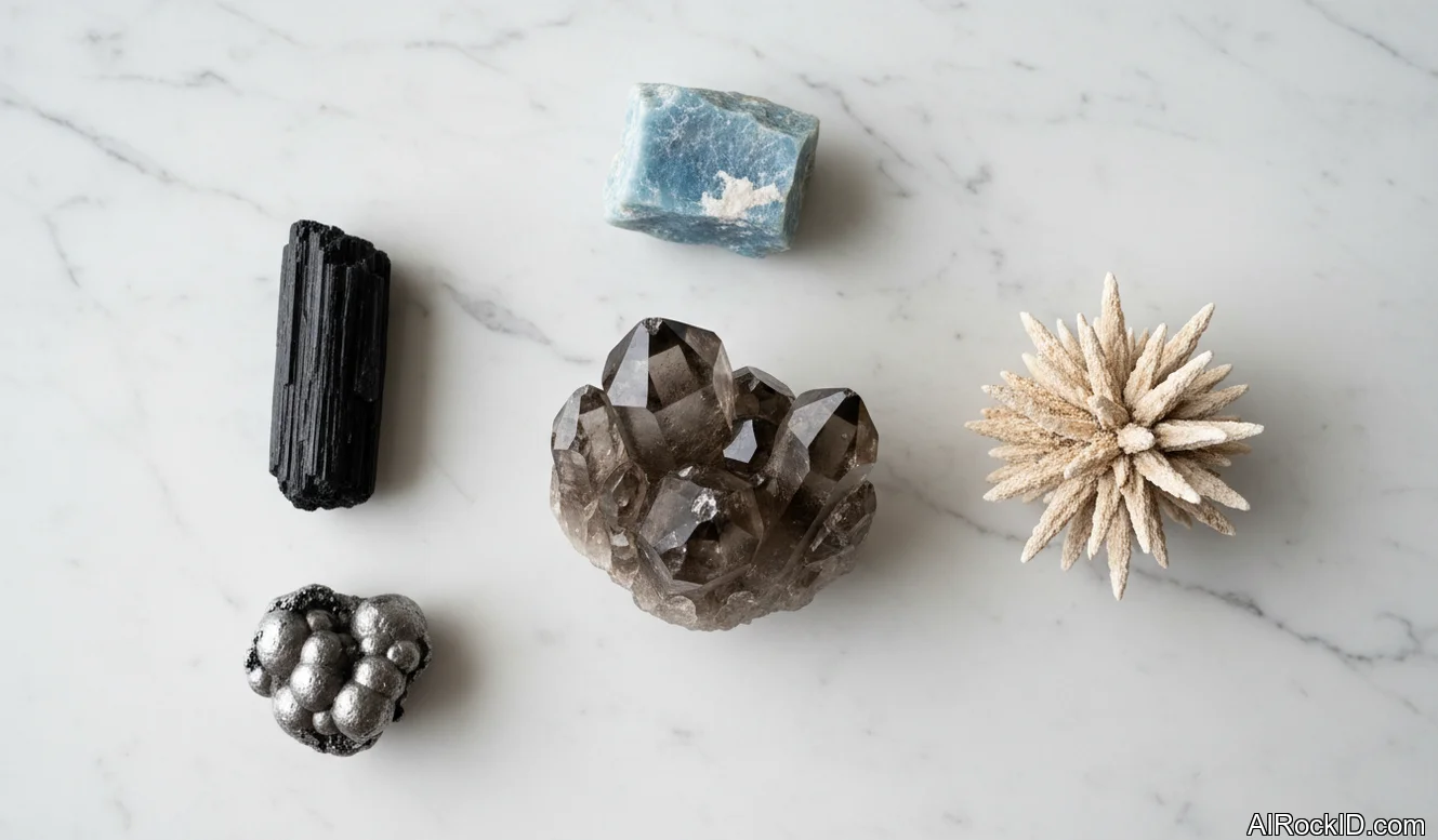 A small set of earthy-toned crystals and stones arranged on a wooden table with a handwritten Taurus Virgo Capricorn note