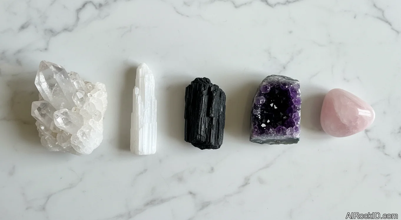 crystal grid on a wooden table with a central stone and surrounding points arranged in a geometric pattern