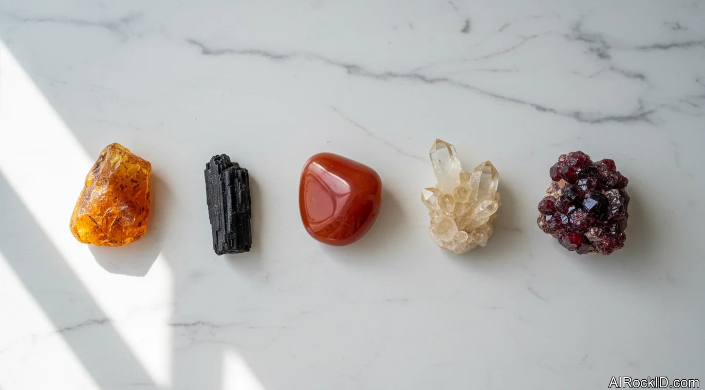 A small set of red, gold, and dark protective stones arranged with Aries, Leo, and Sagittarius symbols on a tabletop