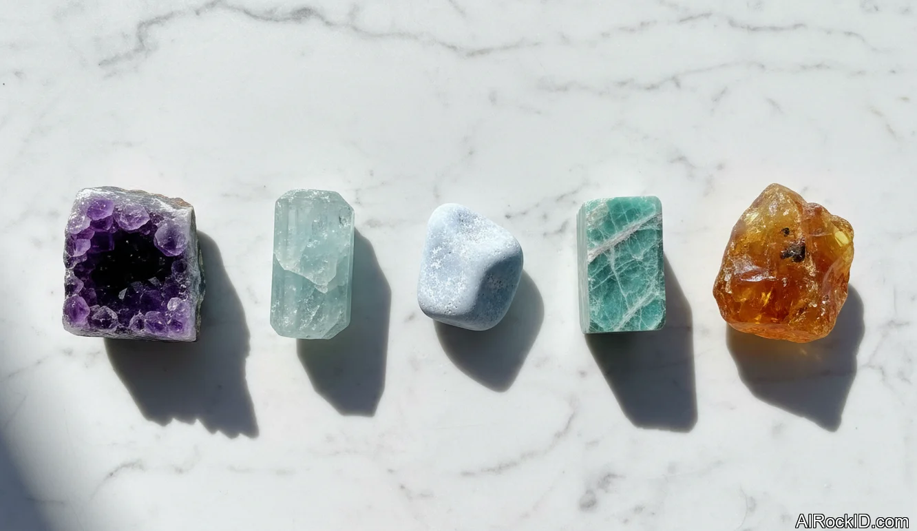 Assorted blue and purple crystals on a neutral cloth, including amethyst points and aquamarine pieces with soft natural light