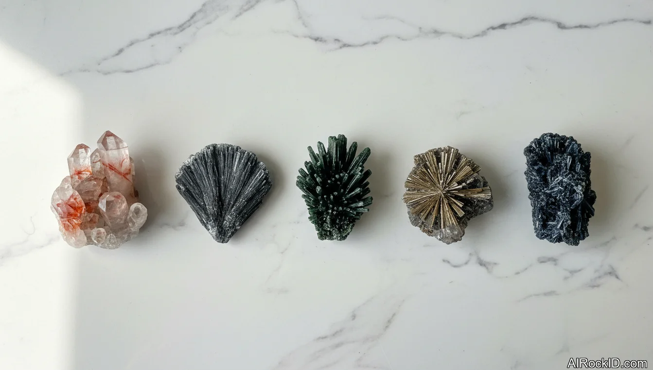 Hand holding a dark impact-glass pebble with pitted surface next to a metallic meteorite slice showing etched pattern