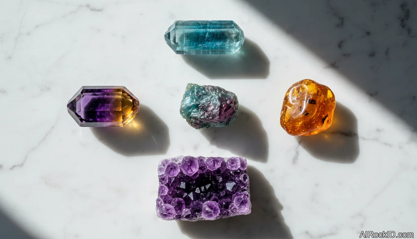 Alexandrite crystal showing green in daylight and reddish tones under warm indoor light beside a UV flashlight