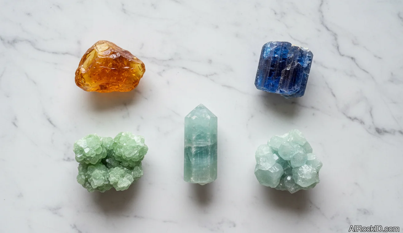 Hand holding a UV flashlight over fluorescent mineral specimens glowing green, orange, and blue in a dark room
