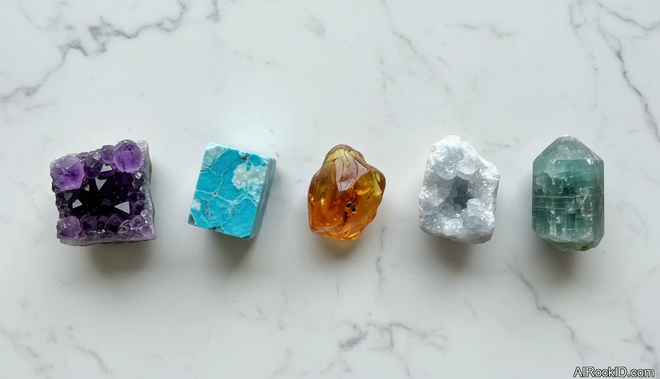 hands holding a small amethyst point and a piece of black tourmaline on a meditation cushion