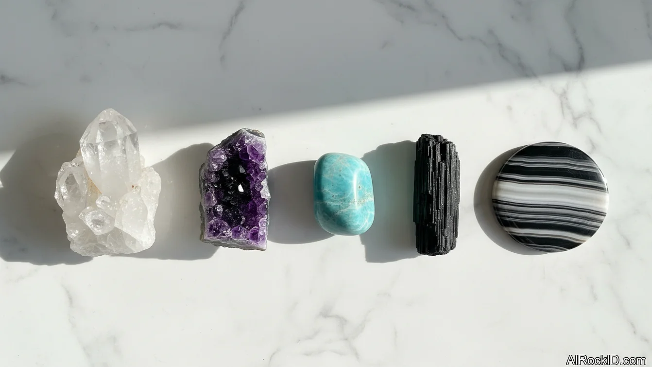 Hands holding a clear quartz point over a notebook with an intention written down