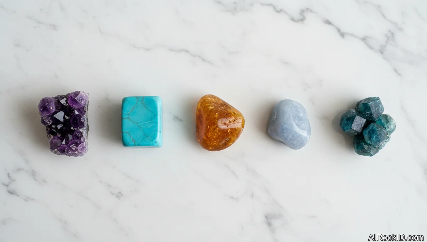 Hands holding a small mix of tumbled and raw crystals on a wooden table with a notebook and soft daylight