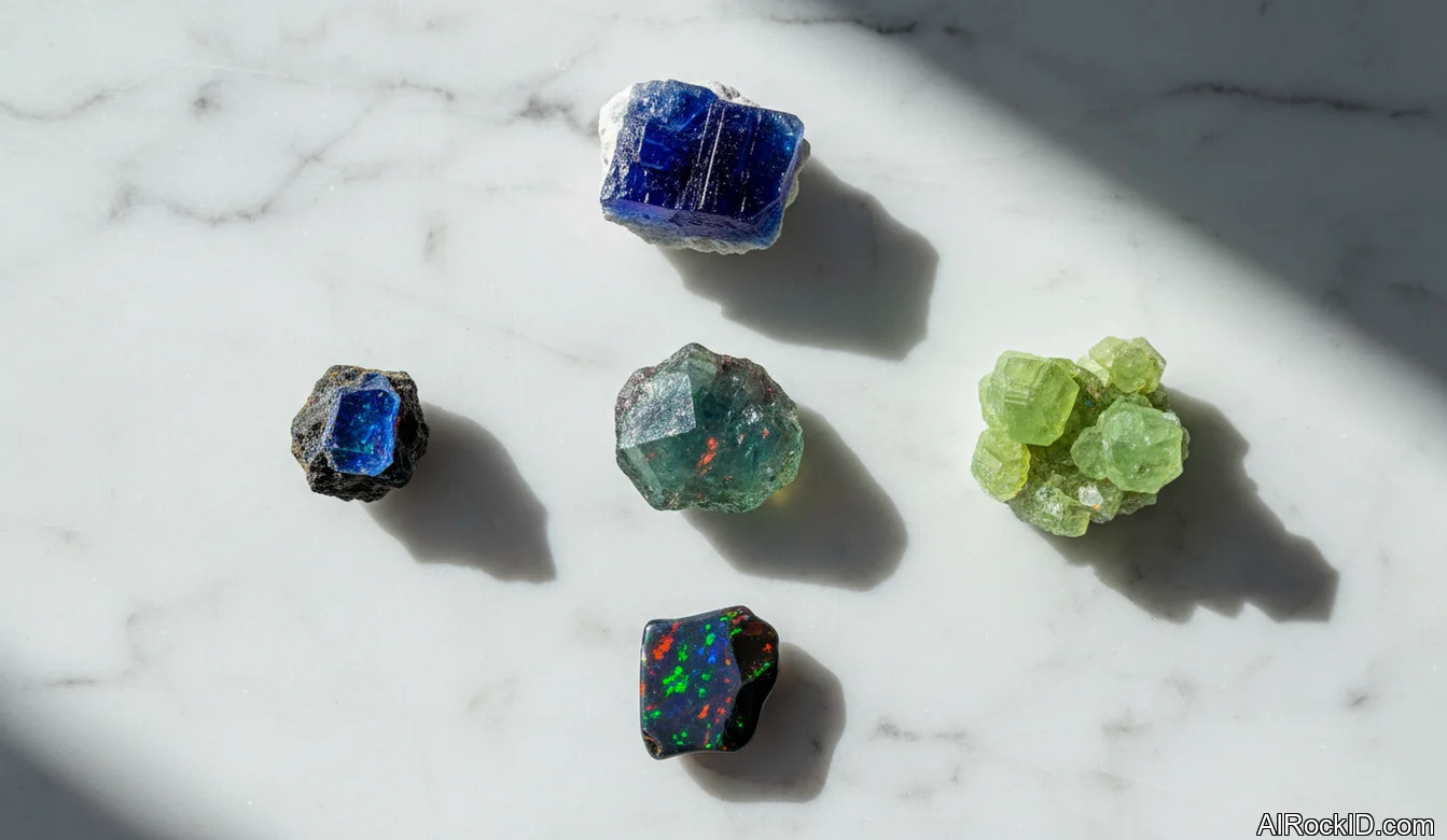 A small tray of high-value mineral specimens including alexandrite, benitoite, and red beryl under neutral lighting