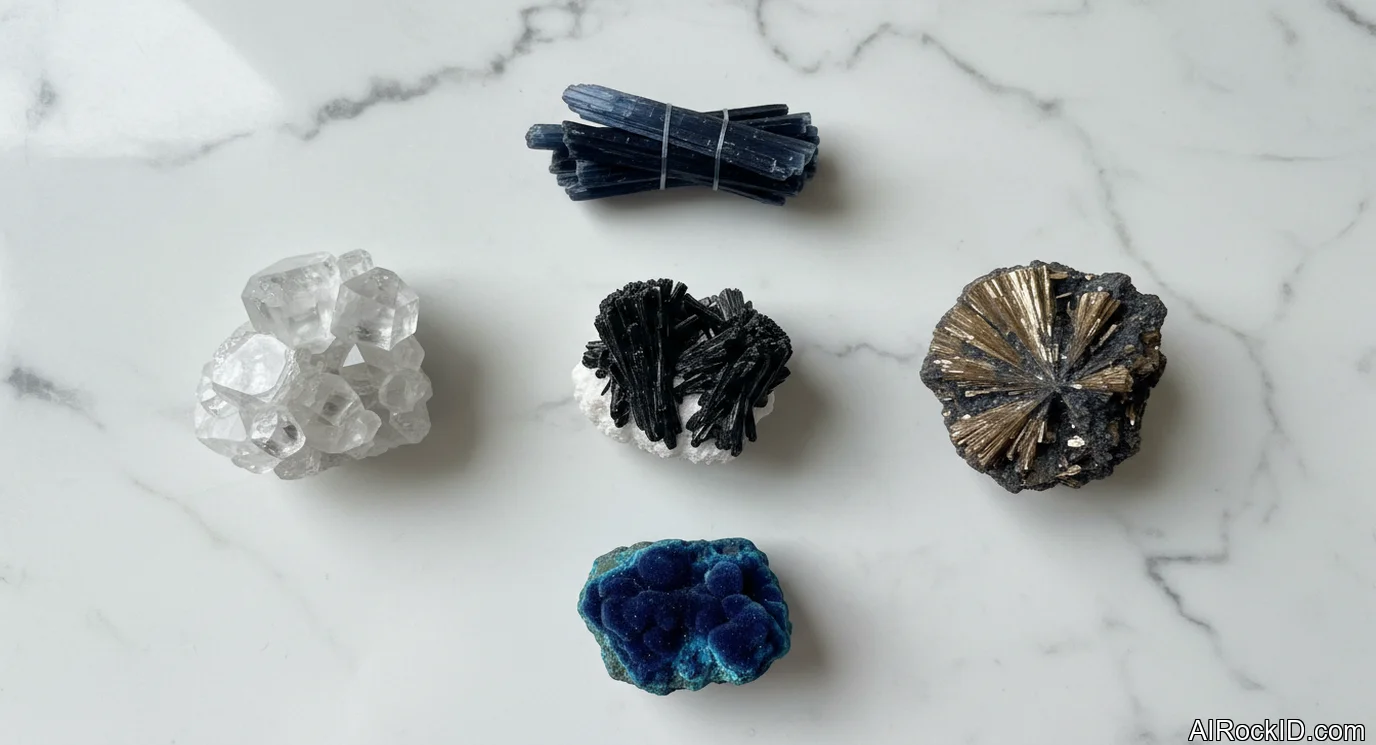Hand holding a small group of raw and polished crystals including amethyst, azurite, black onyx, amber, and apophyllite on a wooden table