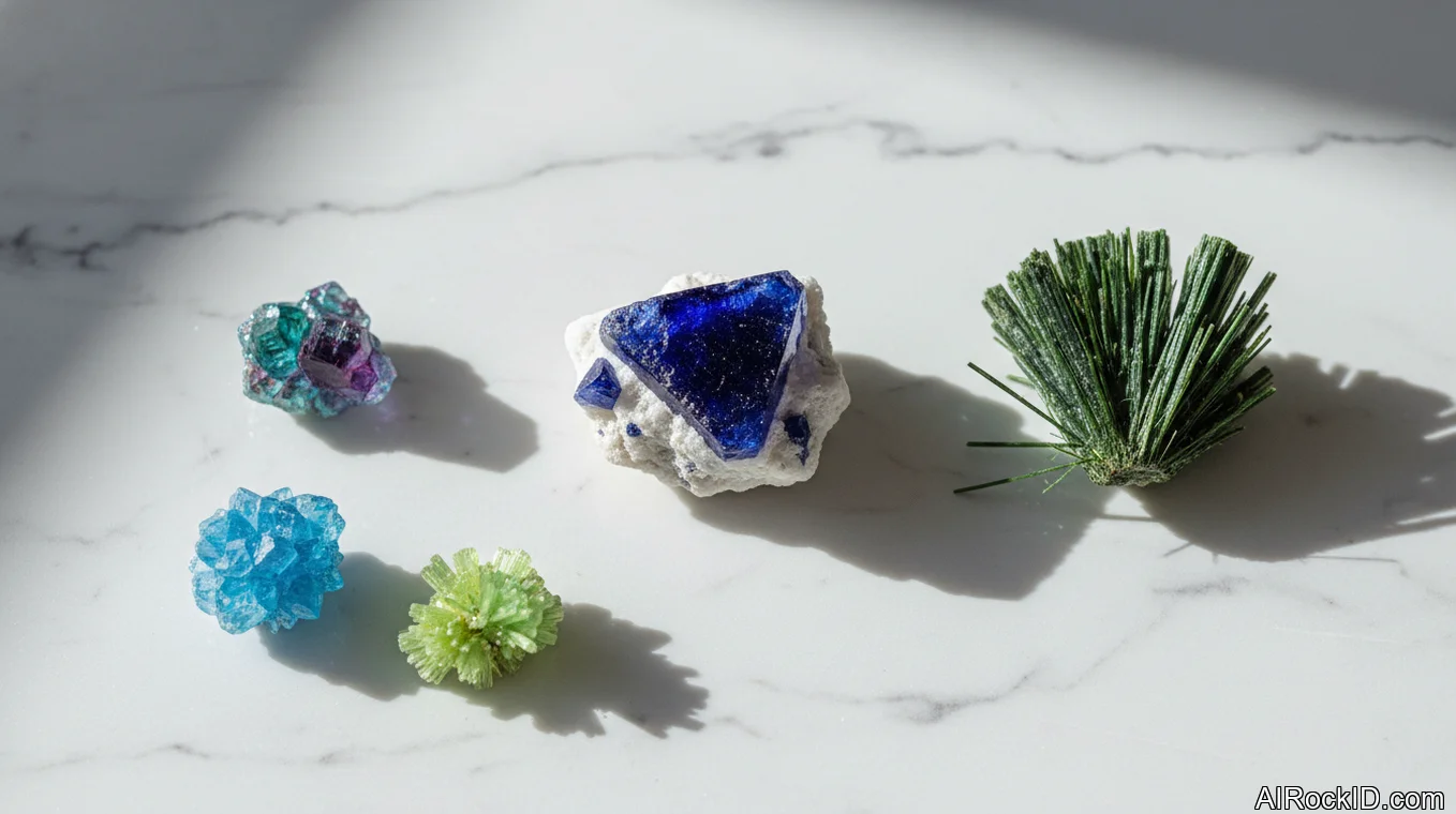 Close-up of a mineral collector holding a small rare crystal specimen in a foam-lined case under a desk lamp