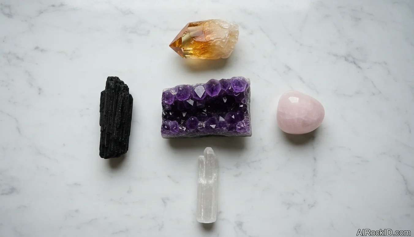 Small crystal collection placed in different home areas: bedside table, entryway bowl, desk, and living room shelf